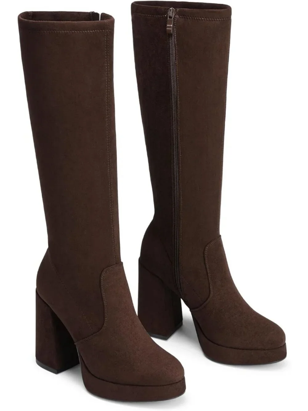 Women's Dark Brown Chunky Platform Heel Round Toe Side Zipper Knee High Boots